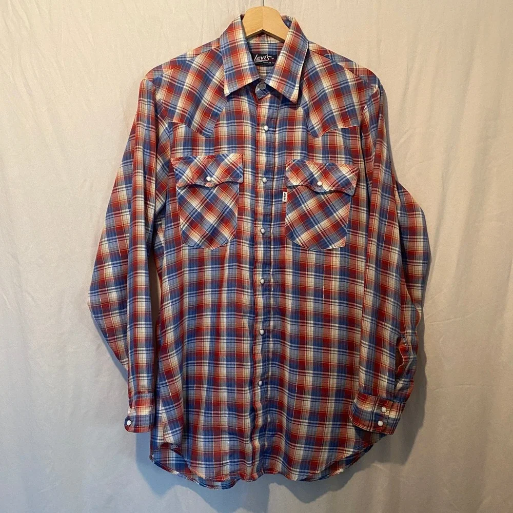 Levis Mens Vintage 70s Western Pearl Snap Plaid Shirt Red White Blue Gold